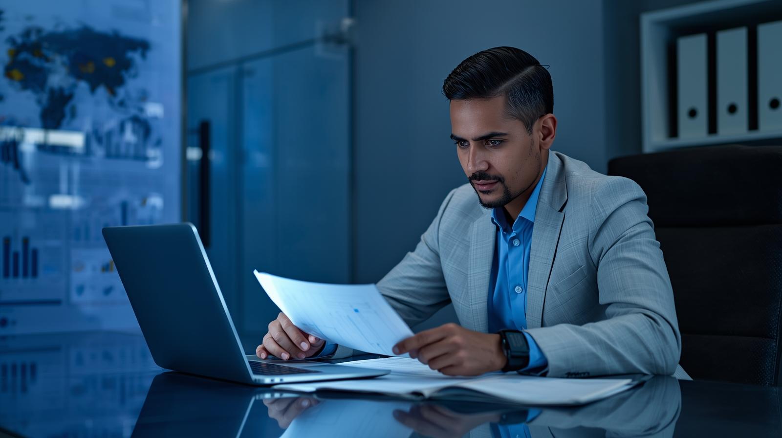 empresário brasileiro pequeno empreendedor analisando documentos financeiros em uma mesa moderna, notebook aberto com gráficos simples, ambiente profissional, tons de azul corporativo, estilo re